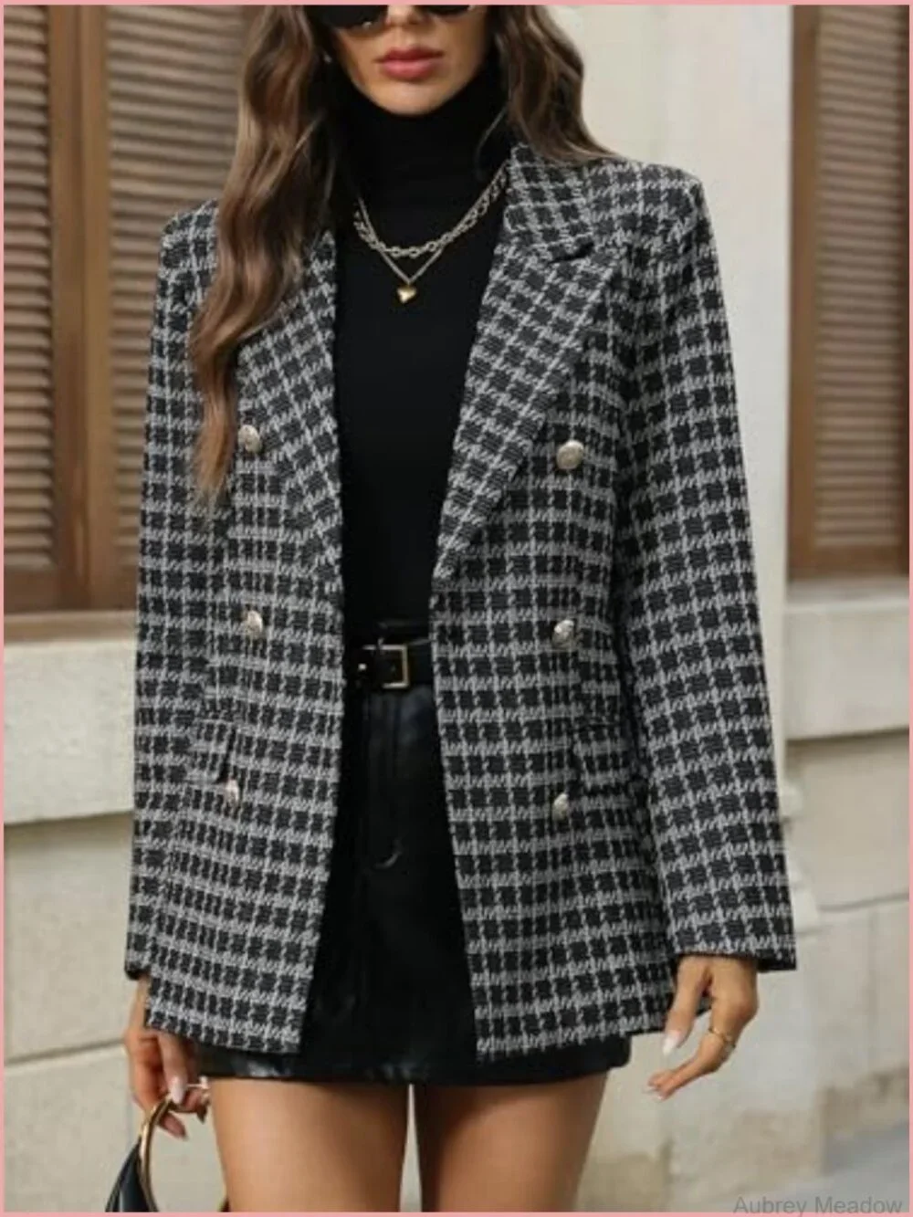 Womens Oversized Plaid Tweed Blazer Boyfriend Style Double Breasted